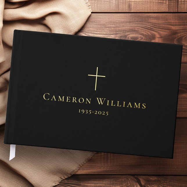Libro De Visitas Sencillo homenaje a la memoria del funeral negro (Simple cross loving memory funeral memorial black guest book)