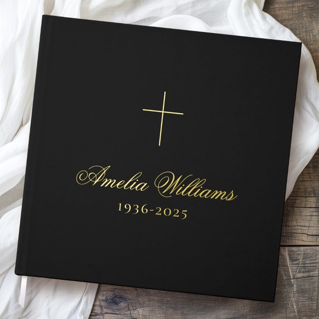 Libro De Visitas Sencillo homenaje a la memoria del funeral negro (Simple cross loving memory funeral memorial black guest book)