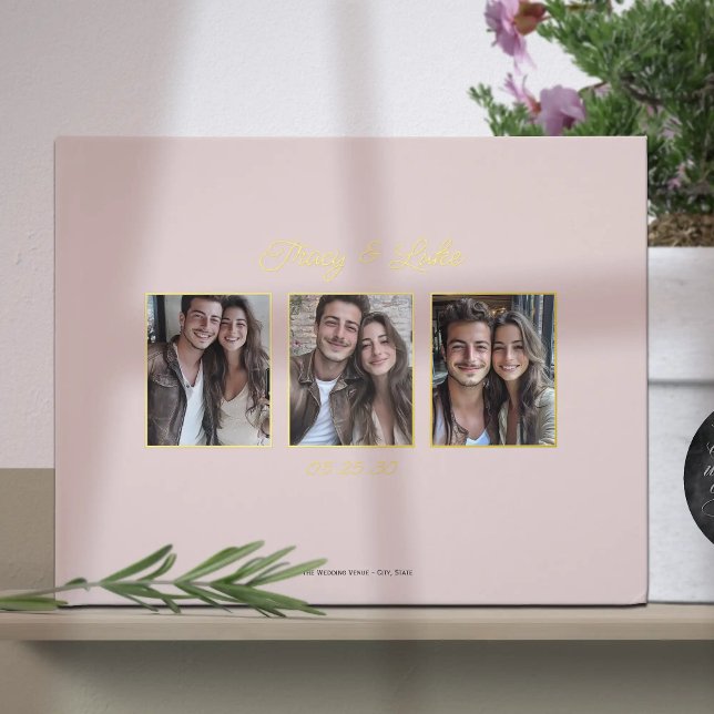 Libro De Visitas Sencillo marco dorado moderno con tres fotos en pa (Simple Modern Gold Frame with Three Couple Photos Wedding Guest book. Elegant guestbook for wedding.)