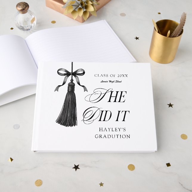 Libro De Visitas She Did It Black Bow Personalized Graduation Party (Anverso Abierto)