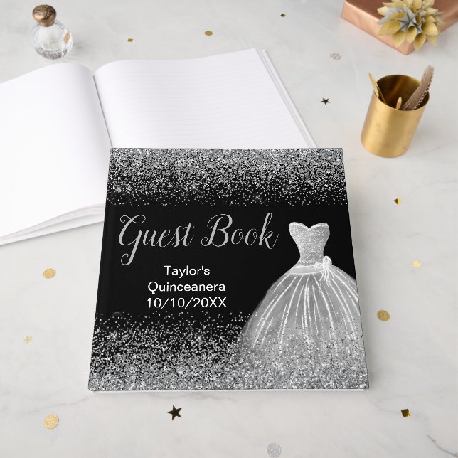 Libro De Visitas Silver Dress Faux Glitter Quinceanera (Anverso Abierto)