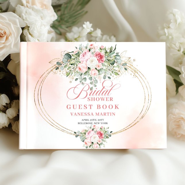 Libro De Visitas Simple Boho Rubor Rosas Verde Bridal Shower  (Simple Boho Blush Roses Greenery Bridal Shower Book)