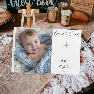 Libro De Visitas Simple guión moderno Cross Gold Baptism Photo