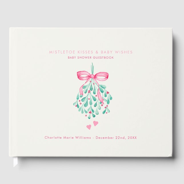 Libro De Visitas Simple Mistletoe besa a Chica rosa Baby Shower (Anverso)