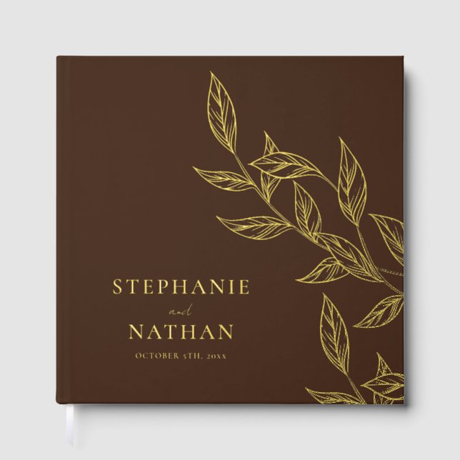 Libro De Visitas Simple Modern Leaves Dark Brown Wedding Gold (Anverso)