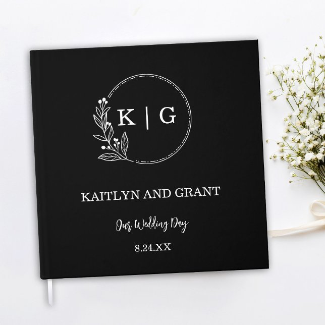 Libro de visitas sobre el Boda de los monogramas e (Black and white minimal simple modern wedding guestbook with floral monogram)