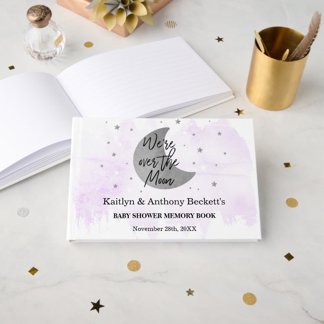 Libro De Visitas Sobre la luna | Memoria Baby Shower neutral (Anverso Abierto)