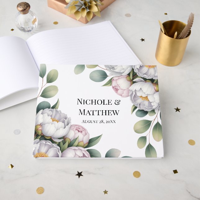 Libro De Visitas Soft White Peony with Eucalyptus Leaves Wedding (Anverso Abierto)