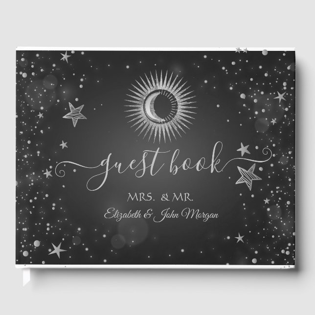 Libro De Visitas Sol plateado celestial, luna, estrellas oscuro (Anverso)