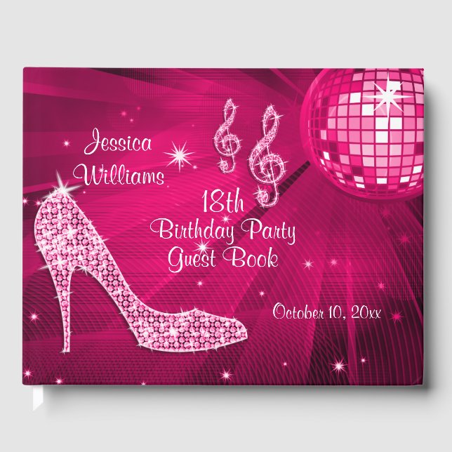 Libro De Visitas Sparkle Heels Pink Disco Ball Cumpleaños (Anverso)