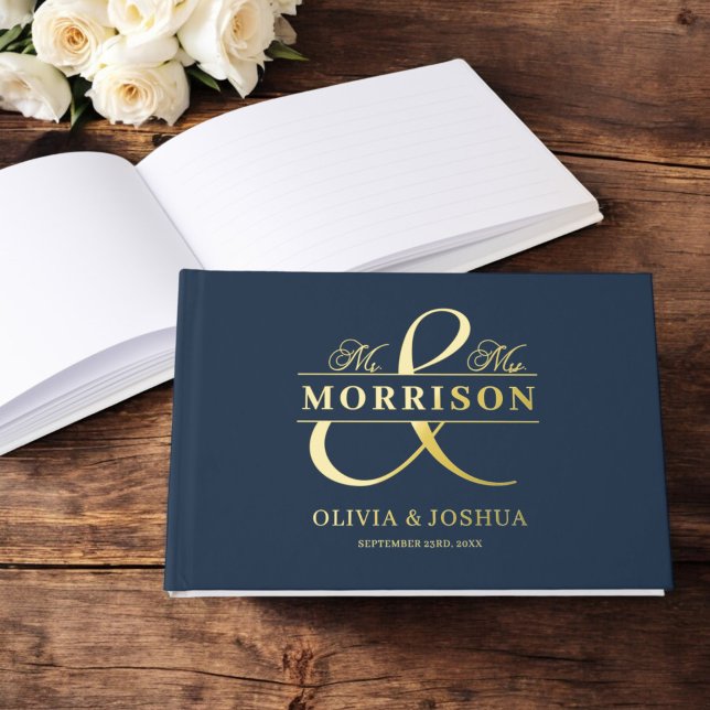 Libro De Visitas Sr. Mrs. Photo Navy Blue Elegant Wedding Gold (Subido por el creador)
