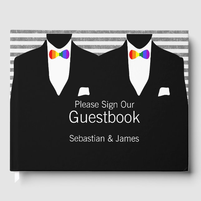 Libro De Visitas Sr. y Sr. Suit Rainbow Bow Ties Gay Boda Personali (Anverso)
