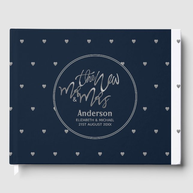 Libro De Visitas Sr. y Sra. Boda Navy Blue Silver Love Hearts (Anverso)