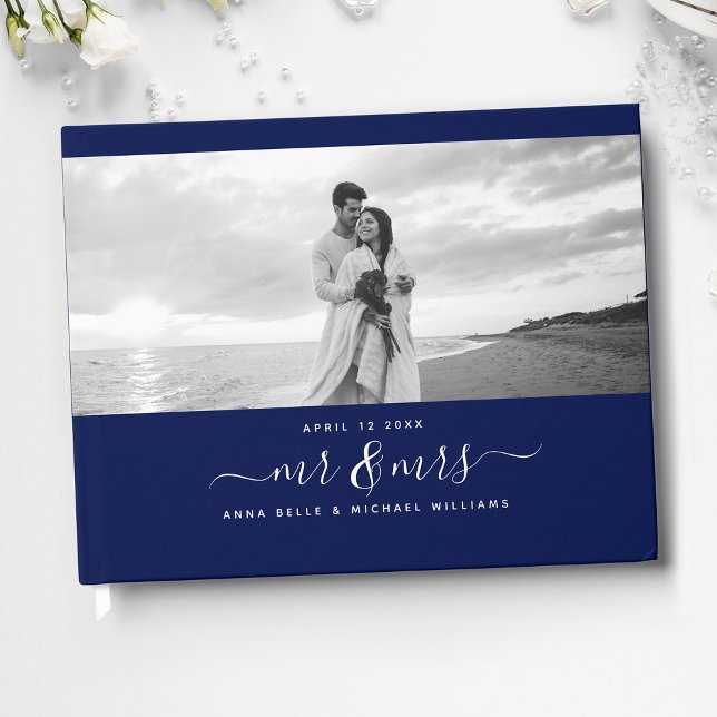 Libro De Visitas Sr. y Sra. Elegant Script Boda de fotografía azul  (Subido por el creador)