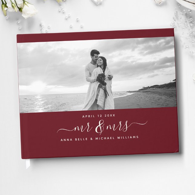 Libro De Visitas Sr. y Sra. Elegant Script Burgundy Photo Boda (Subido por el creador)