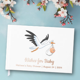 Libro De Visitas Stork en el Relieve metalizado Baby Shower blanco