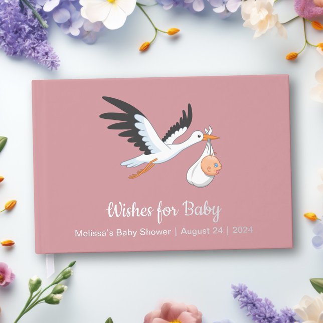 Libro De Visitas Stork on Pink Baby Shower Relieve metalizado (Subido por el creador)