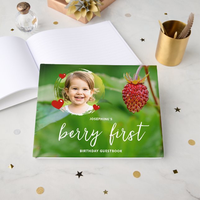 Libro De Visitas Strawberry Kid's Custom Photo Berry First Birthday (Anverso Abierto)