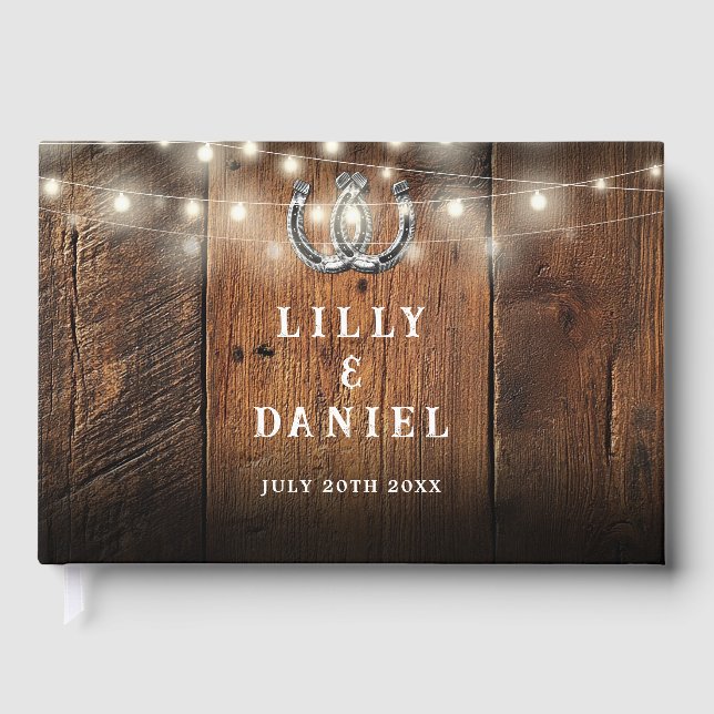Libro De Visitas String Lights Horseshoes Rustic Barn Wood Wedding (Anverso)