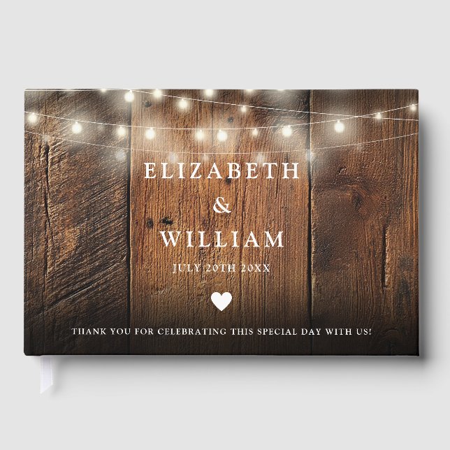 Libro De Visitas String Lights Rustic Wood Boho Barn Wedding (Anverso)