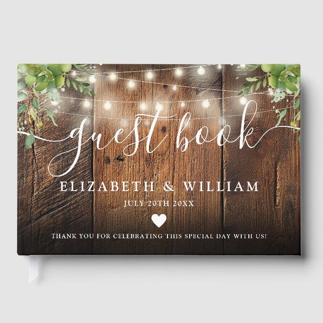 Libro De Visitas String Lights Rustic  Wood Greenery Wedding (Anverso)