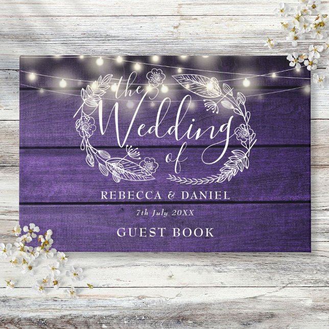 Libro De Visitas String Luces Floral Rustic Purple Wood Boda (String Lights Floral Rustic Purple Wood Wedding Guest Book)