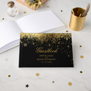 Libro De Visitas Stylish Black and Gold Snowflakes