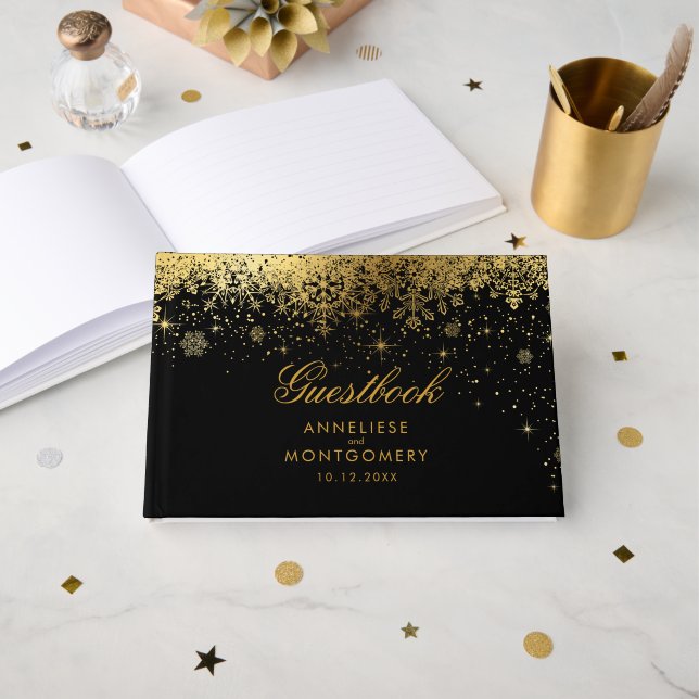 Libro De Visitas Stylish Black and Gold Snowflakes (Anverso Abierto)