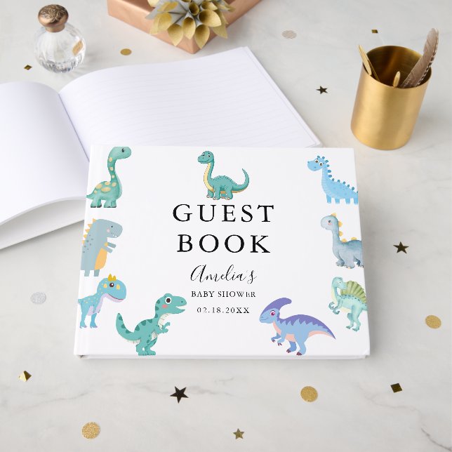 Libro De Visitas Stylish Dinosaur Baby Shower White (Anverso Abierto)