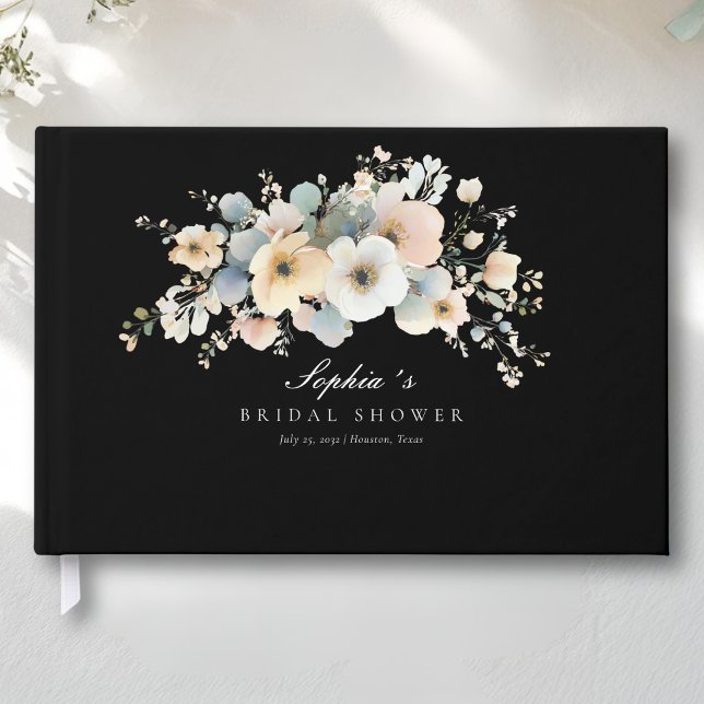 Libro De Visitas Suave Floración Elegante Despedida de Soltera Negr (Soft Bloom Elegant Bridal Shower Black Guest Book)