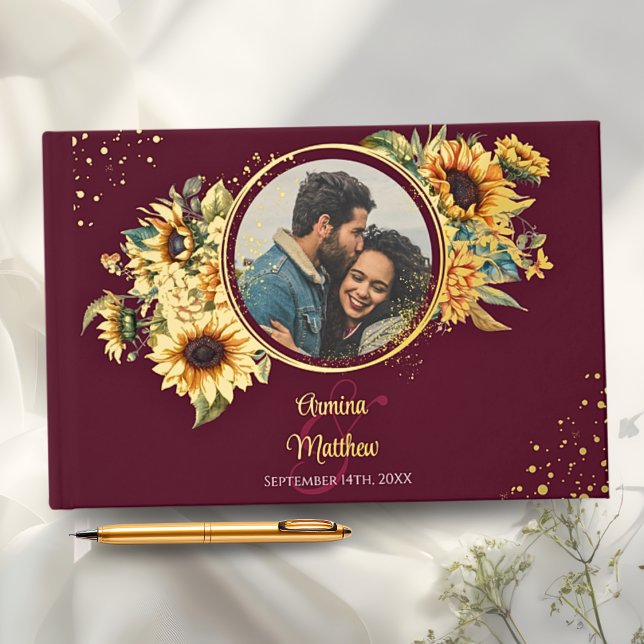 Libro De Visitas Sunflower Burgundy Elegant Photo Boda Gold (Subido por el creador)