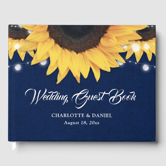 Libro De Visitas Sunflower Burlap String Lights Navy Blue Wedding (Anverso)