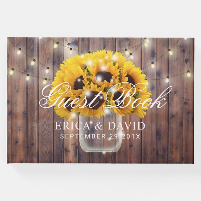 Libro De Visitas Sunflower Mason Jar String ilumina a un Boda ruso (Anverso)
