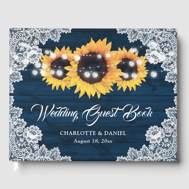 Libro De Visitas Sunflower Navy Blue Wood Floral Lace Wedding (Anverso)