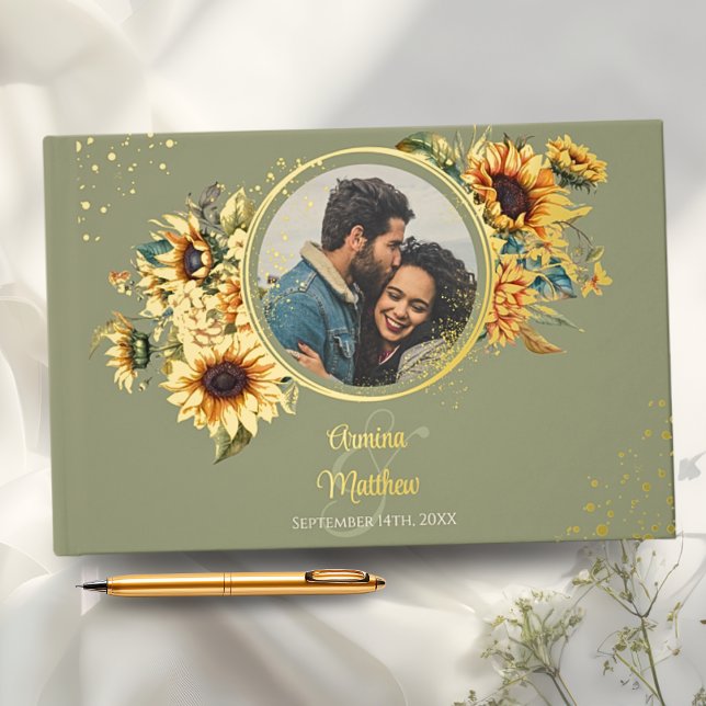 Libro De Visitas Sunflower Sage Green Elegant Photo Gold (Subido por el creador)