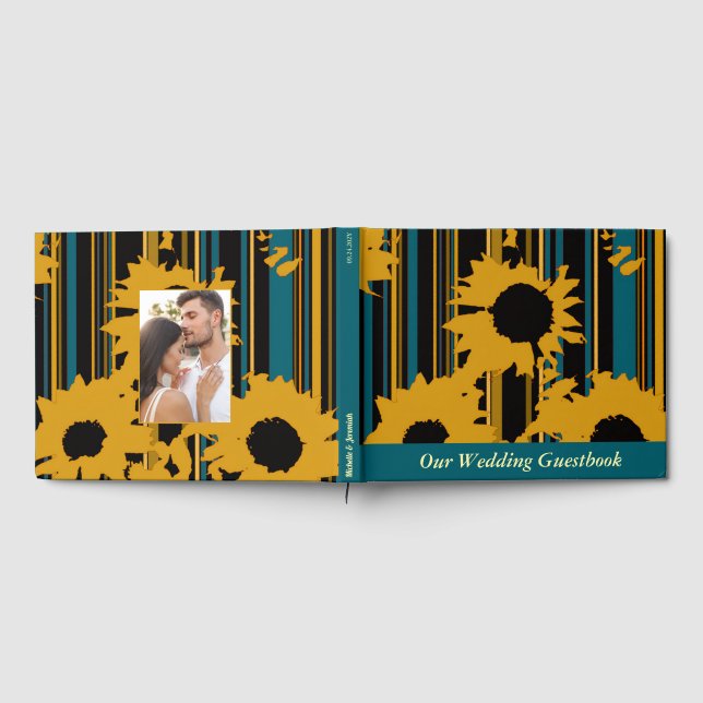 Libro De Visitas Sunflower Teal Blue Gold Modern Wedding (Lleno)