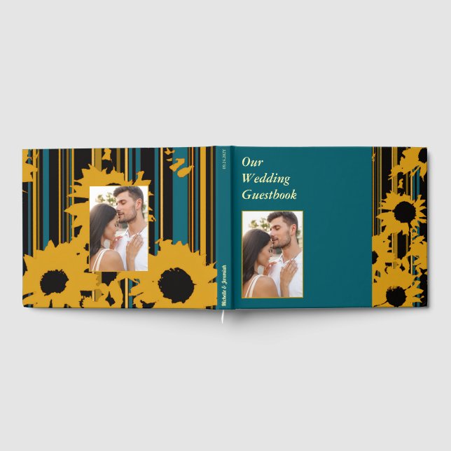 Libro De Visitas Sunflower Teal Blue Gold Modern Wedding (Lleno)