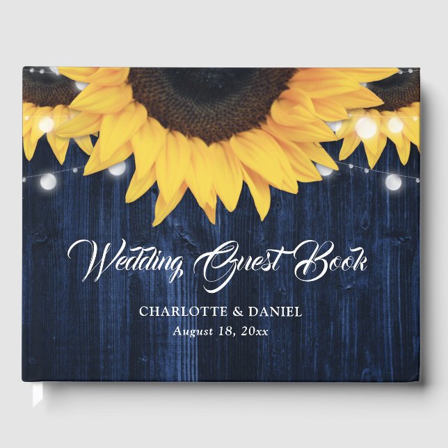 Libro De Visitas Sunflower Wood String Lights Navy Blue Wedding (Anverso)