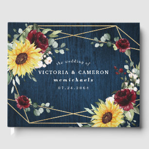 Libro De Visitas Sunflowers Rosas de Borgoña Boda Geométrico