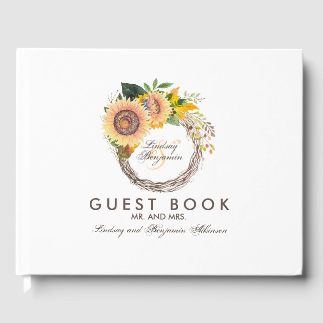 Libro De Visitas Sunflowers Wreath Rustic Fall Wedding (Anverso)