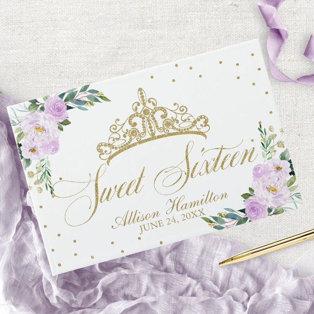 Libro De Visitas Sweet 16 Guest Book Gold Tiara Lavender Floral (Subido por el creador)