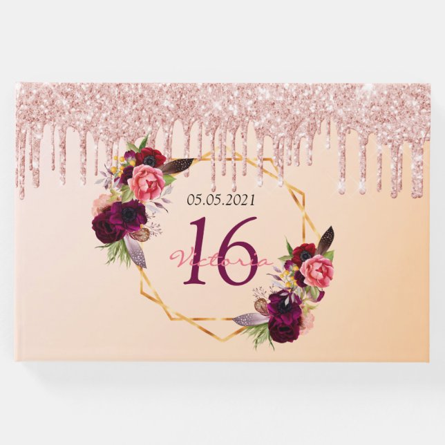 Libro De Visitas Sweet 16th cumpleaños florals rosa purpurina geomé (Anverso)