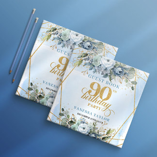 Libro De Visitas Sweet Dusty Blue Floral Frame 90Birthday Sign In