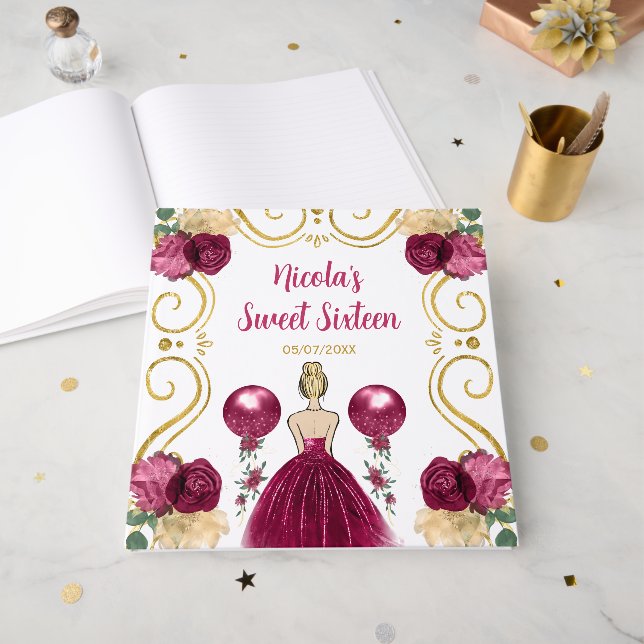 Libro De Visitas Sweet Sixteen Blonde Hair Princess in Burgundy (Anverso Abierto)