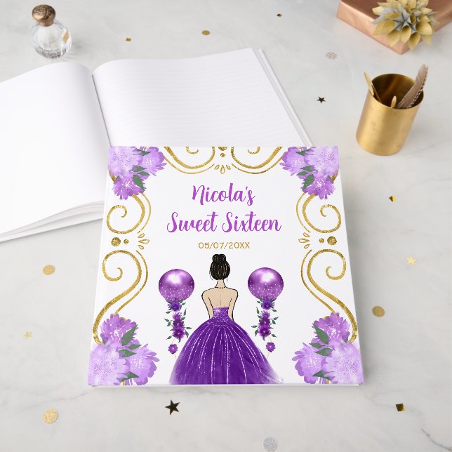 Libro De Visitas Sweet Sixteen Brown Hair Princess in Purple (Anverso Abierto)
