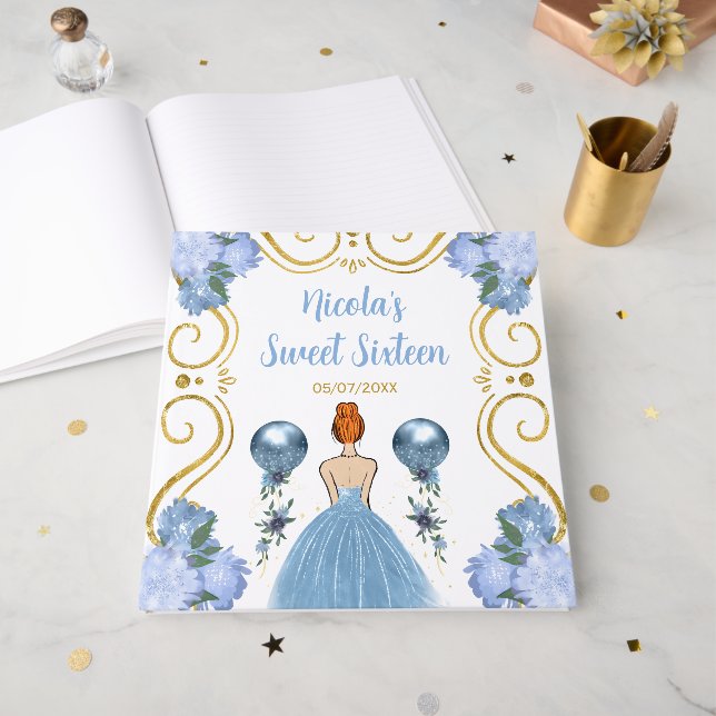 Libro De Visitas Sweet Sixteen Red Hair Princess in Dusty Blue (Anverso Abierto)