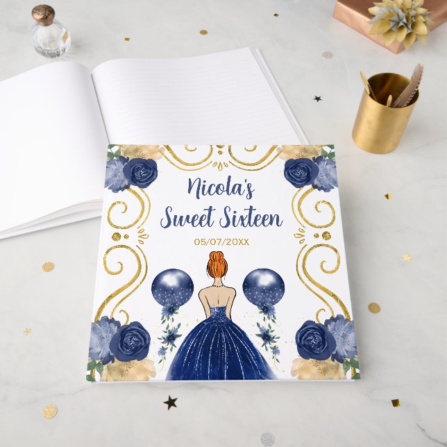 Libro De Visitas Sweet Sixteen Red Hair Princess in Navy Blue (Anverso Abierto)