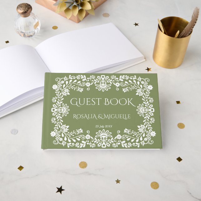 Libro De Visitas Talavera sage green Mexican wedding (Anverso Abierto)