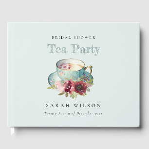 Libro De Visitas Taza de té floral dorada azul verdoso Fiesta de té
