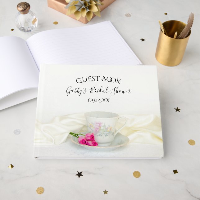 Libro De Visitas Té floral y ducha de novias con rosas rosas rosas  (Anverso Abierto)